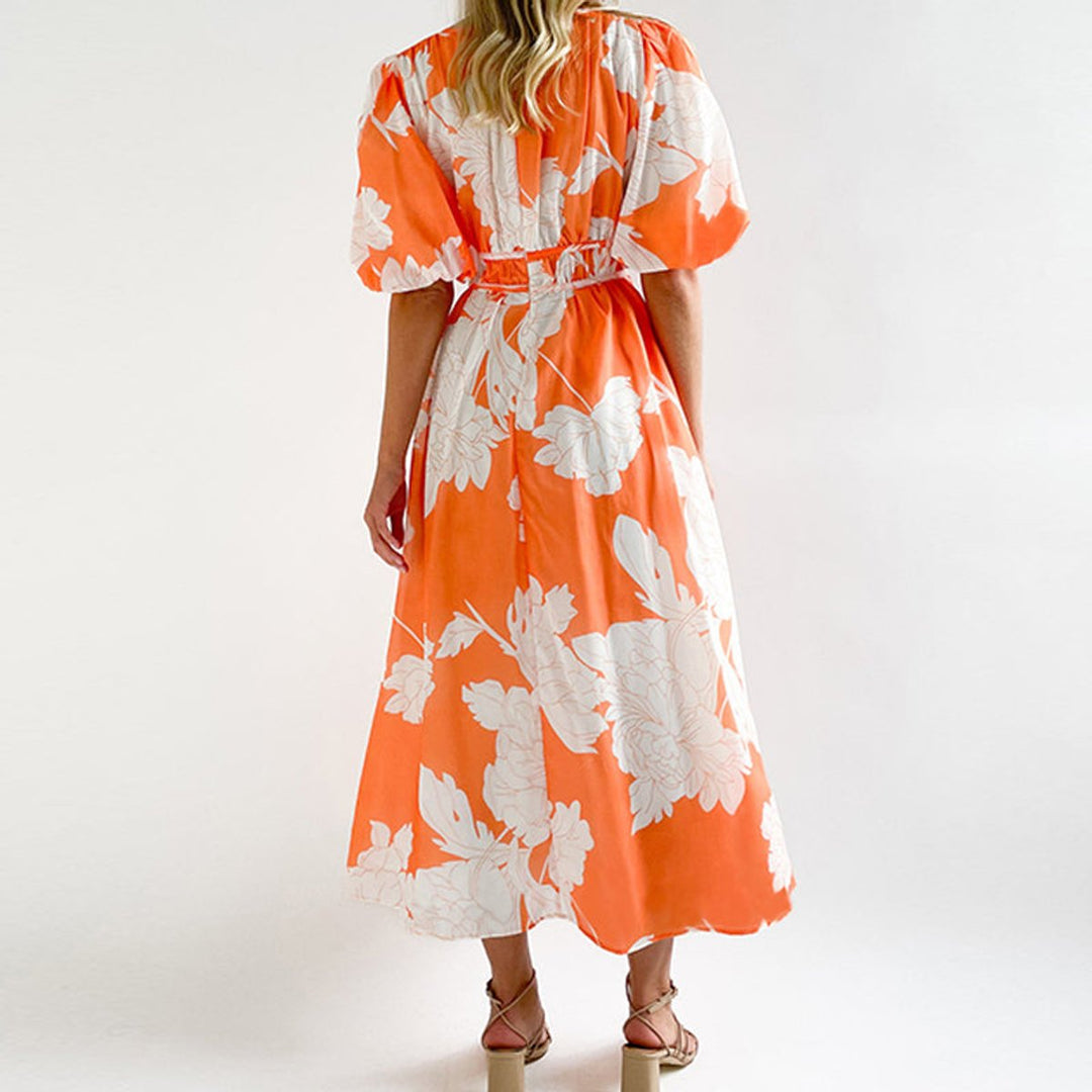 Women's Floral V-Neck Puff Sleeve Fall Midi Dress