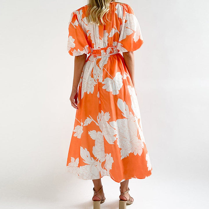 Women's Floral V-Neck Puff Sleeve Fall Midi Dress