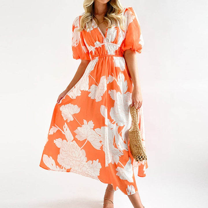 Women's Floral V-Neck Puff Sleeve Fall Midi Dress
