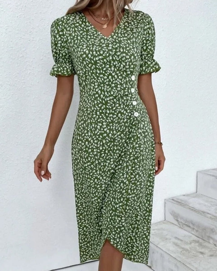 Women's Floral V-Neck Puff Sleeve Fall Midi Dress Button Wrap