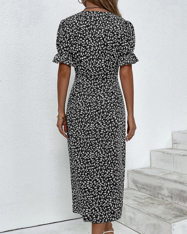 Women's Floral V-Neck Puff Sleeve Fall Midi Dress Button Wrap