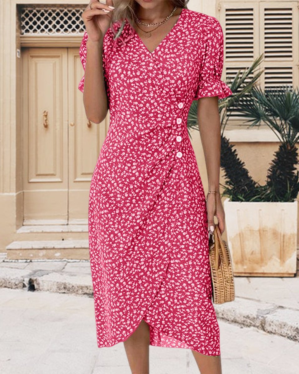 Women's Floral V-Neck Puff Sleeve Fall Midi Dress Button Wrap