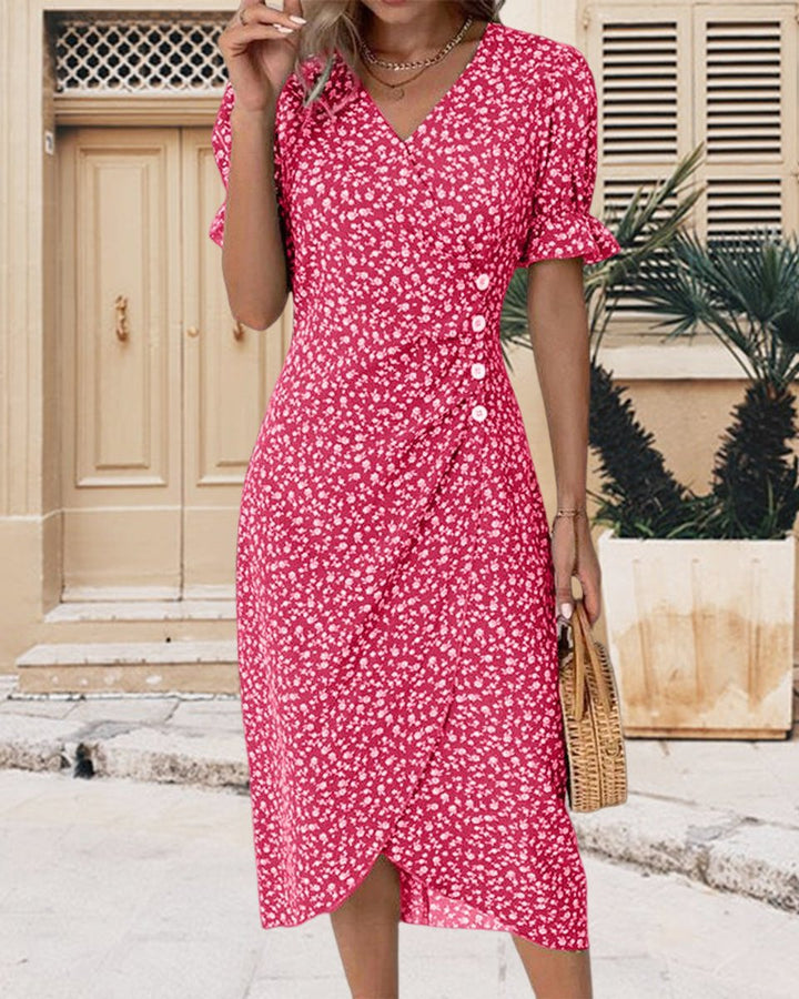 Women's Floral V-Neck Puff Sleeve Fall Midi Dress Button Wrap