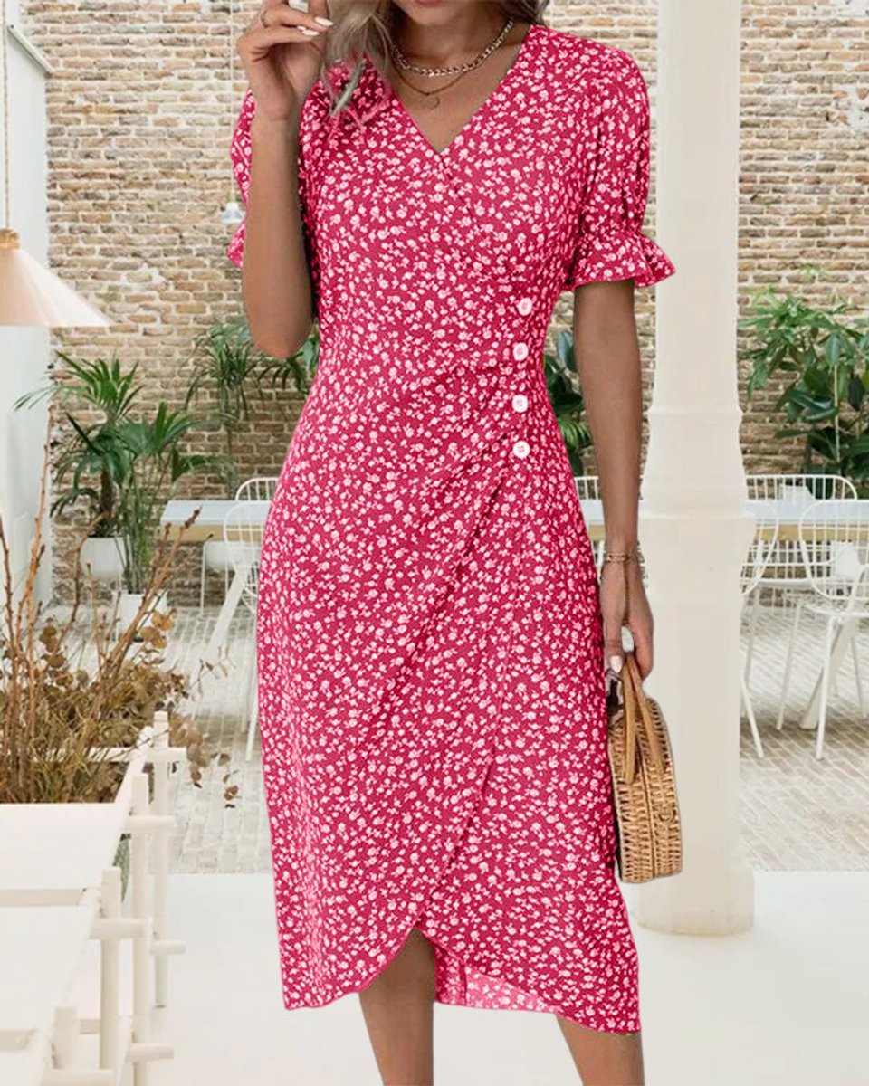 Women's Floral V-Neck Puff Sleeve Fall Midi Dress Button Wrap