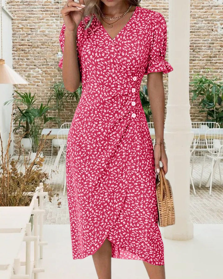 Women's Floral V-Neck Puff Sleeve Fall Midi Dress Button Wrap