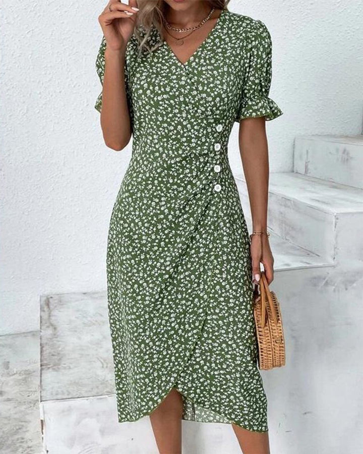 Women's Floral V-Neck Puff Sleeve Fall Midi Dress Button Wrap