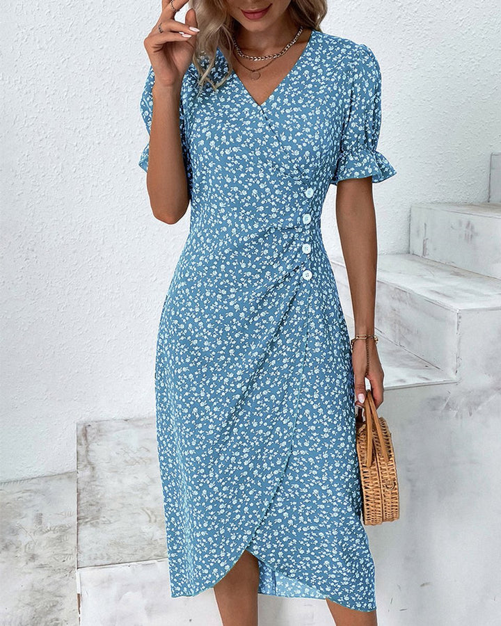Women's Floral V-Neck Puff Sleeve Fall Midi Dress Button Wrap