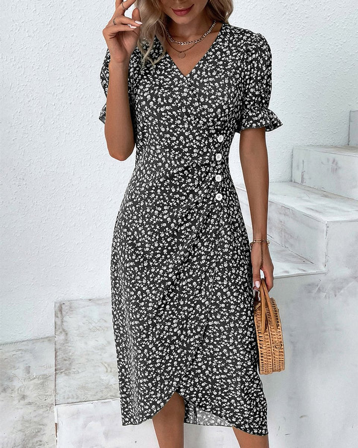 Women's Floral V-Neck Puff Sleeve Fall Midi Dress Button Wrap