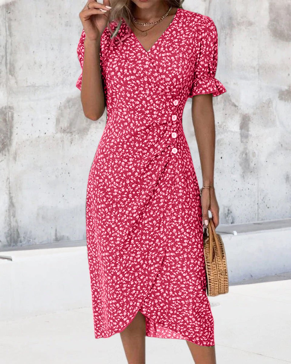 Women's Floral V-Neck Puff Sleeve Fall Midi Dress Button Wrap