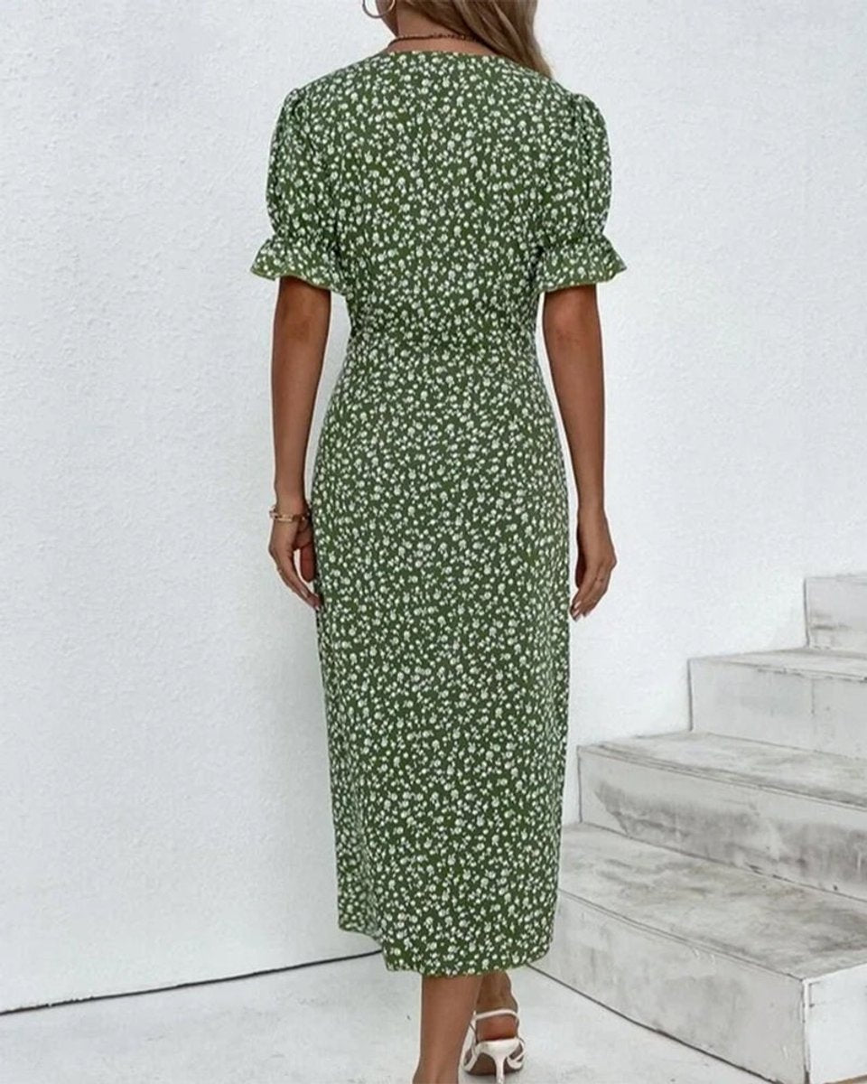 Women's Floral V-Neck Puff Sleeve Fall Midi Dress Button Wrap