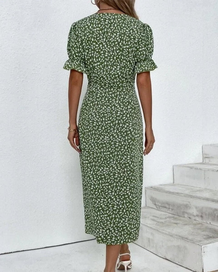 Women's Floral V-Neck Puff Sleeve Fall Midi Dress Button Wrap