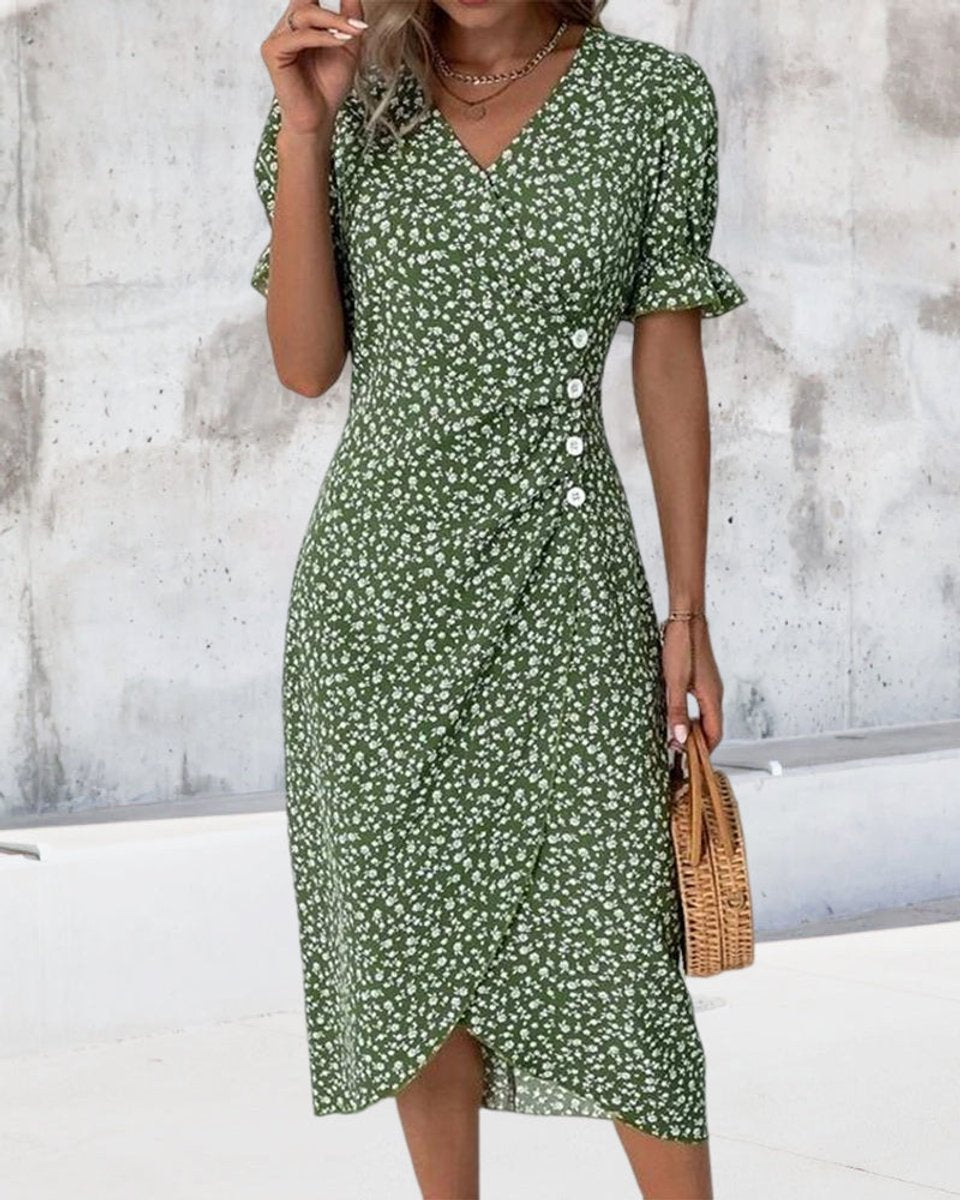 Women's Floral V-Neck Puff Sleeve Fall Midi Dress Button Wrap