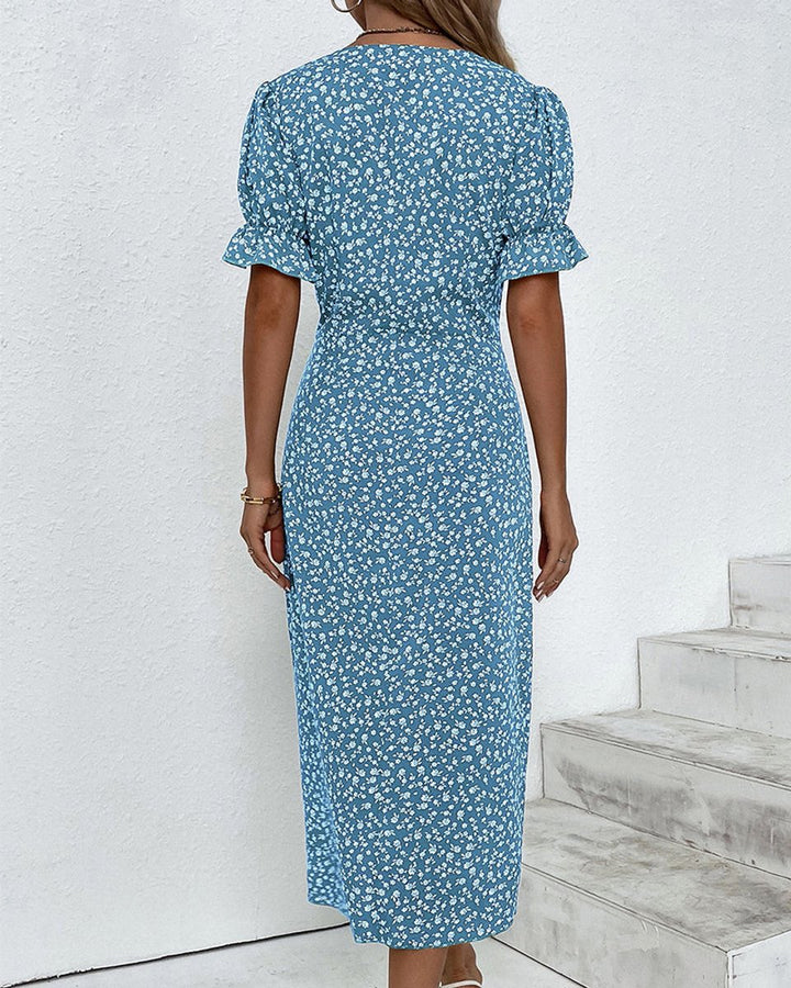 Women's Floral V-Neck Puff Sleeve Fall Midi Dress Button Wrap