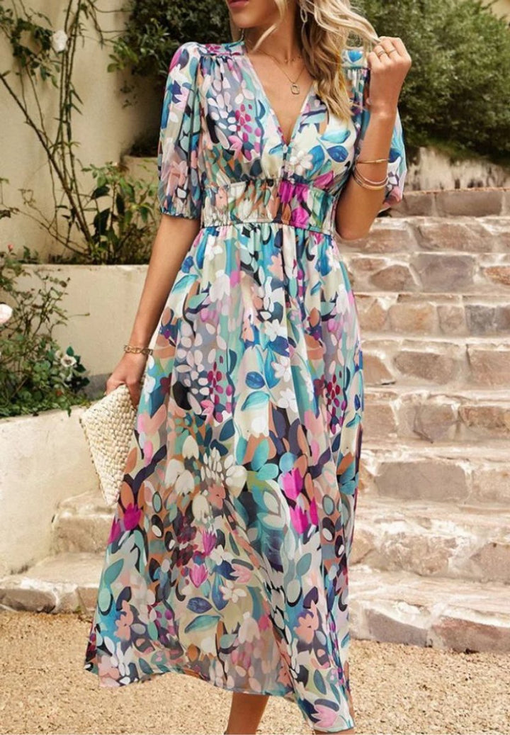 Women's Floral V-Neck Puff Sleeve Fall Wedding Guest Dress Maxi