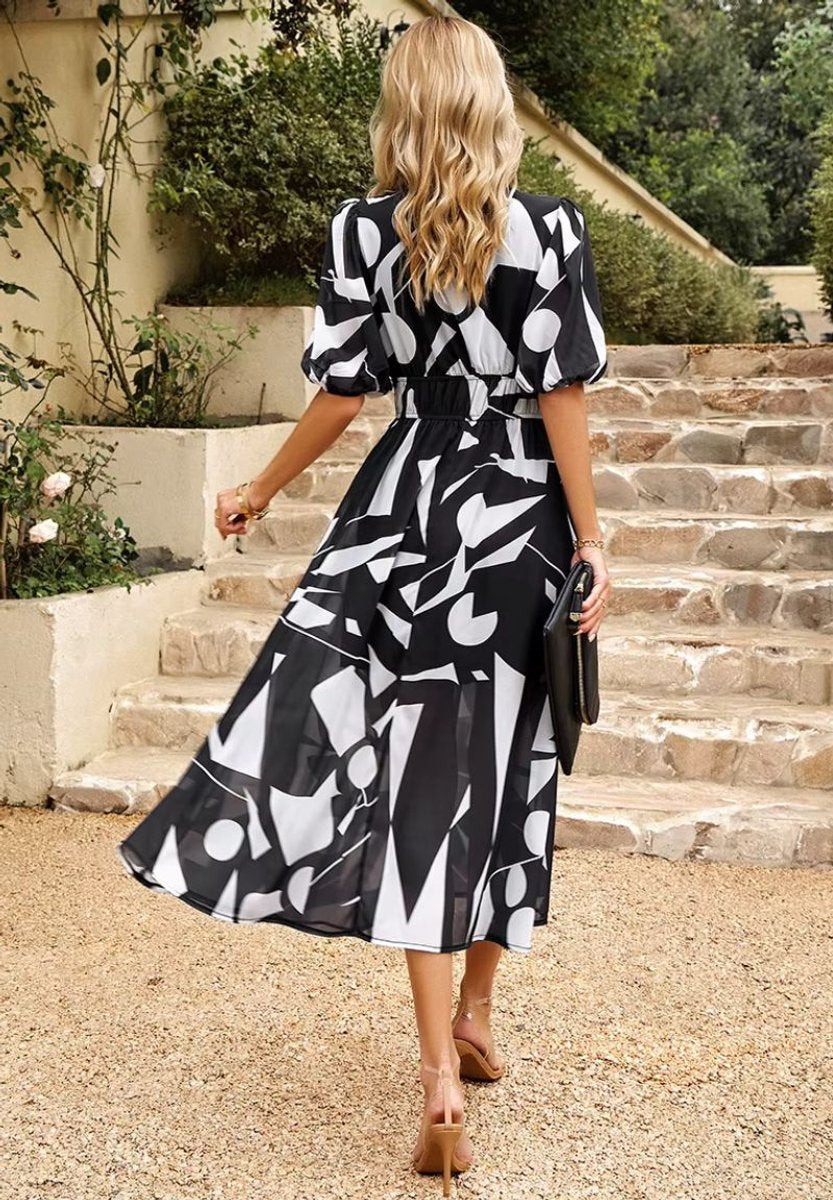 Women's Floral V-Neck Puff Sleeve Fall Wedding Guest Dress Maxi