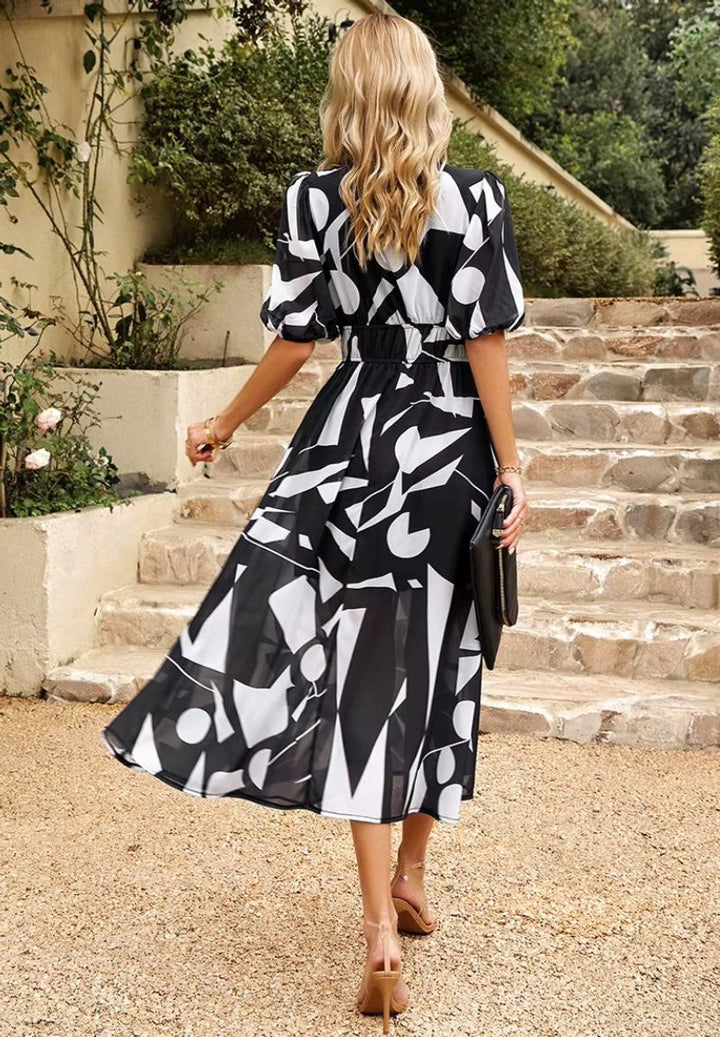 Women's Floral V-Neck Puff Sleeve Fall Wedding Guest Dress Maxi