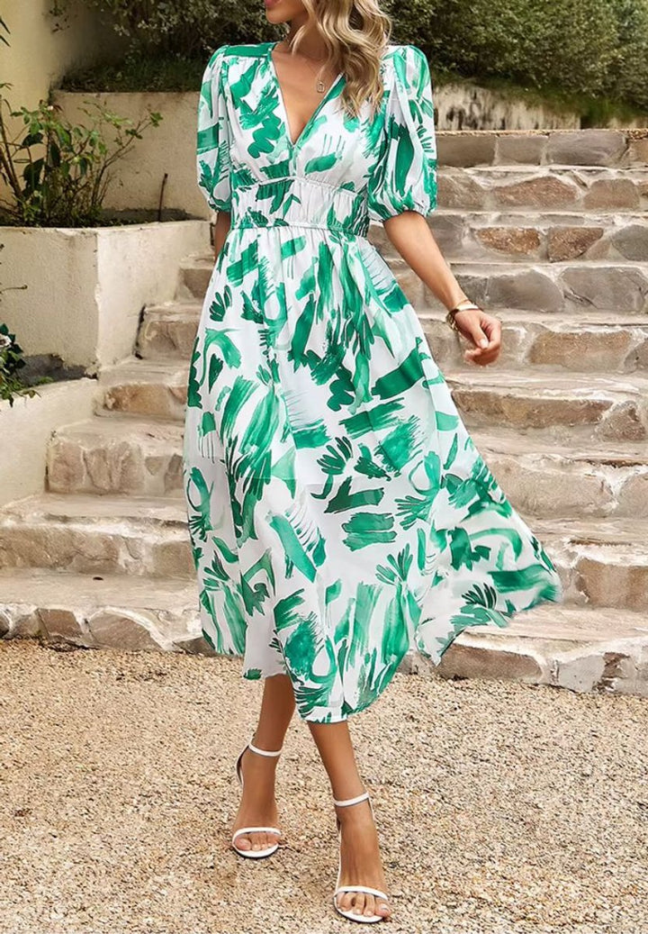 Women's Floral V-Neck Puff Sleeve Fall Wedding Guest Dress Maxi