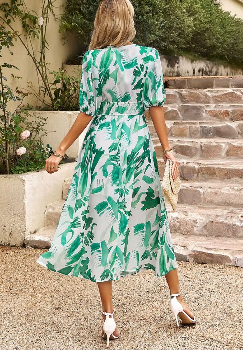 Women's Floral V-Neck Puff Sleeve Fall Wedding Guest Dress Maxi
