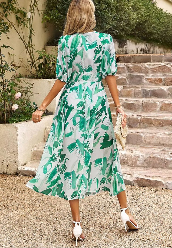 Women's Floral V-Neck Puff Sleeve Fall Wedding Guest Dress Maxi