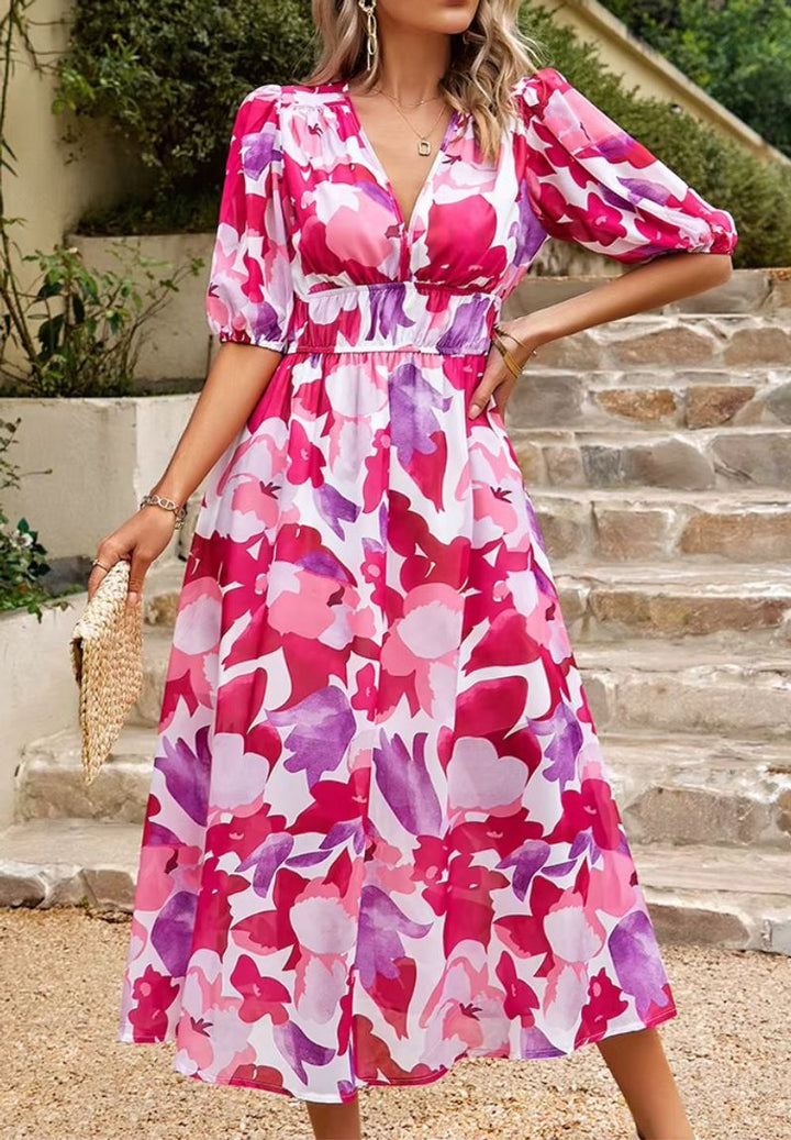 Women's Floral V-Neck Puff Sleeve Fall Wedding Guest Dress Maxi