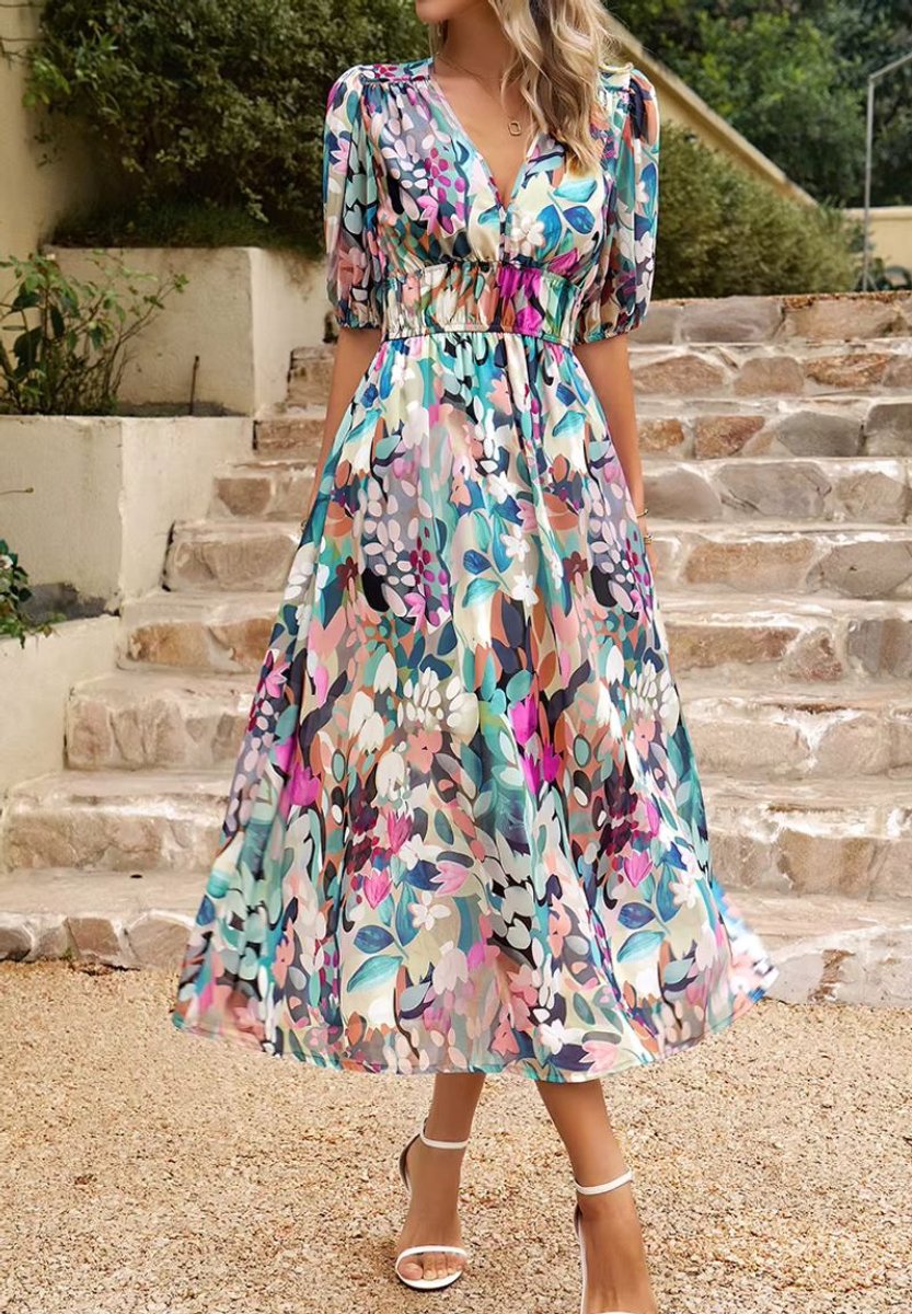 Women's Floral V-Neck Puff Sleeve Fall Wedding Guest Dress Maxi