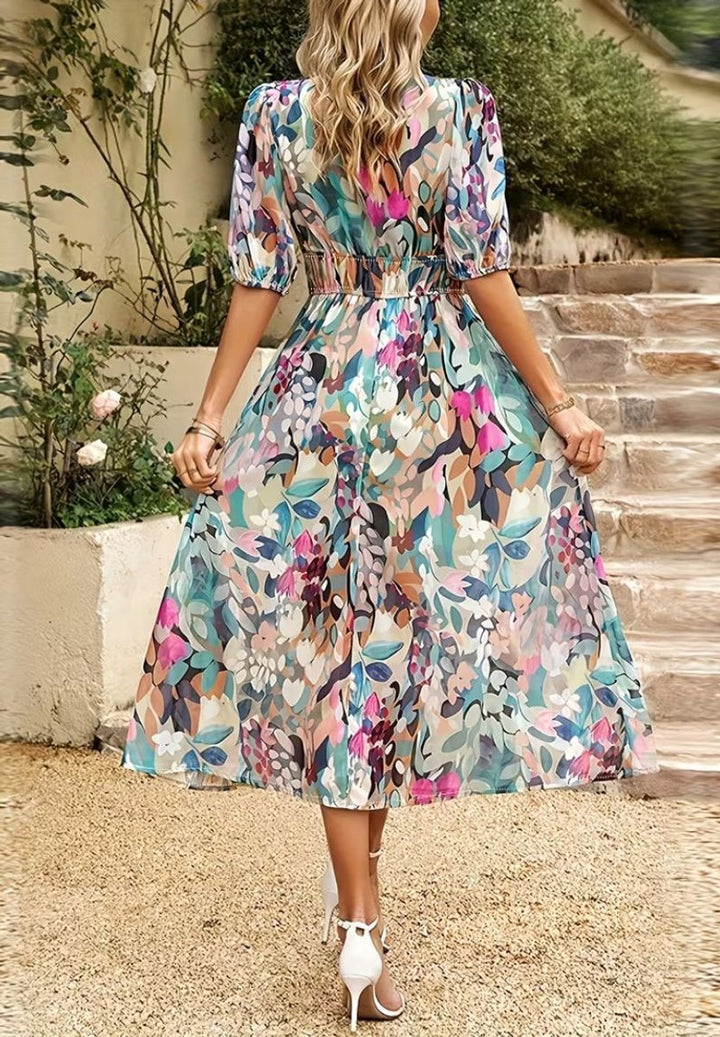 Women's Floral V-Neck Puff Sleeve Fall Wedding Guest Dress Maxi
