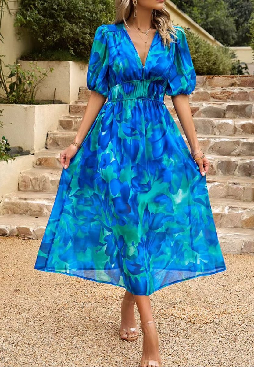 Women's Floral V-Neck Puff Sleeve Fall Wedding Guest Dress Maxi