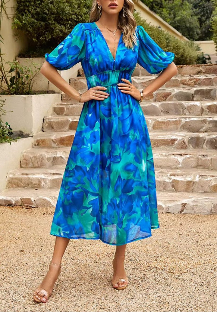 Women's Floral V-Neck Puff Sleeve Fall Wedding Guest Dress Maxi