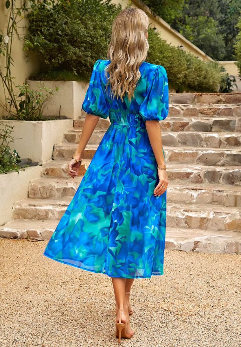 Women's Floral V-Neck Puff Sleeve Fall Wedding Guest Dress Maxi