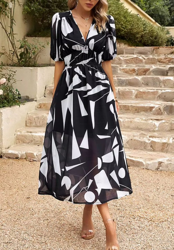 Women's Floral V-Neck Puff Sleeve Fall Wedding Guest Dress Maxi