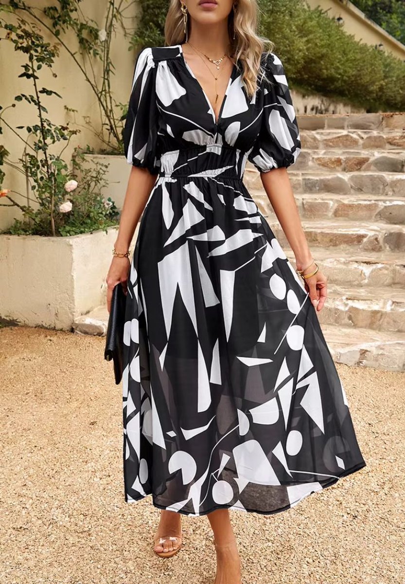Women's Floral V-Neck Puff Sleeve Fall Wedding Guest Dress Maxi