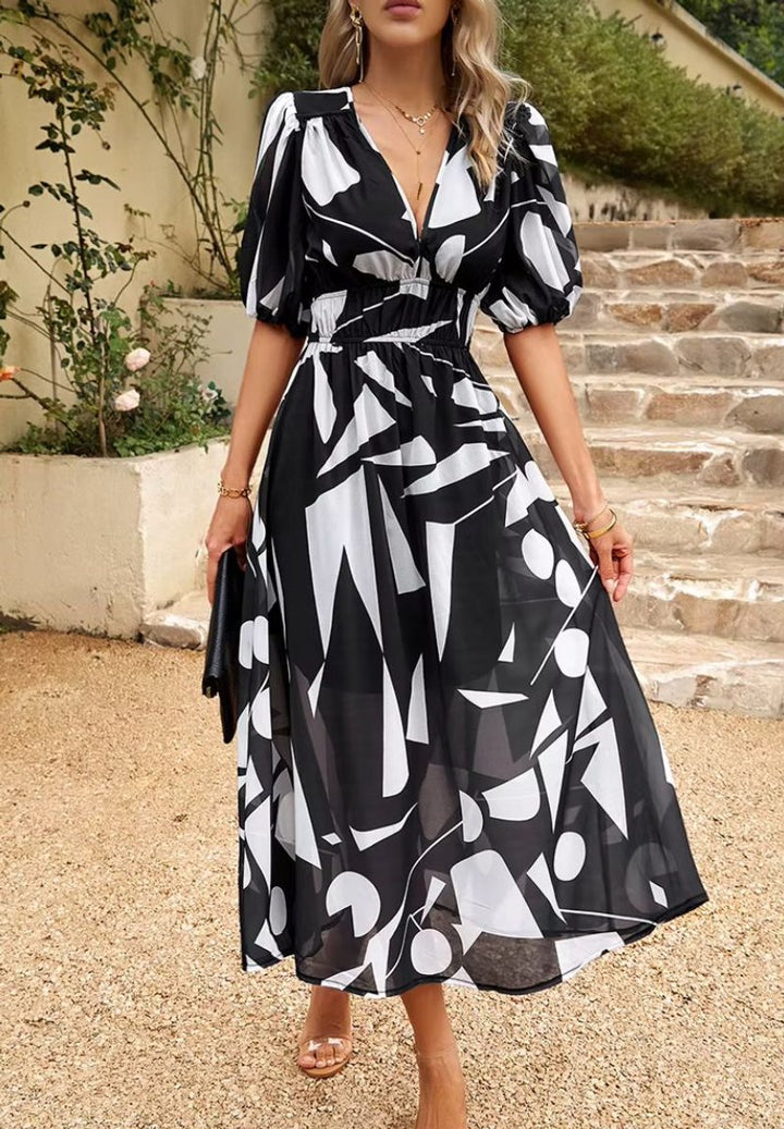 Women's Floral V-Neck Puff Sleeve Fall Wedding Guest Dress Maxi