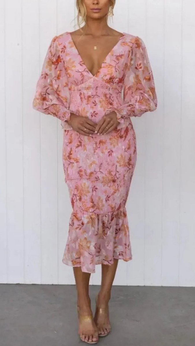 Women's Floral V-Neck Puff Sleeve Midi Formal Dress