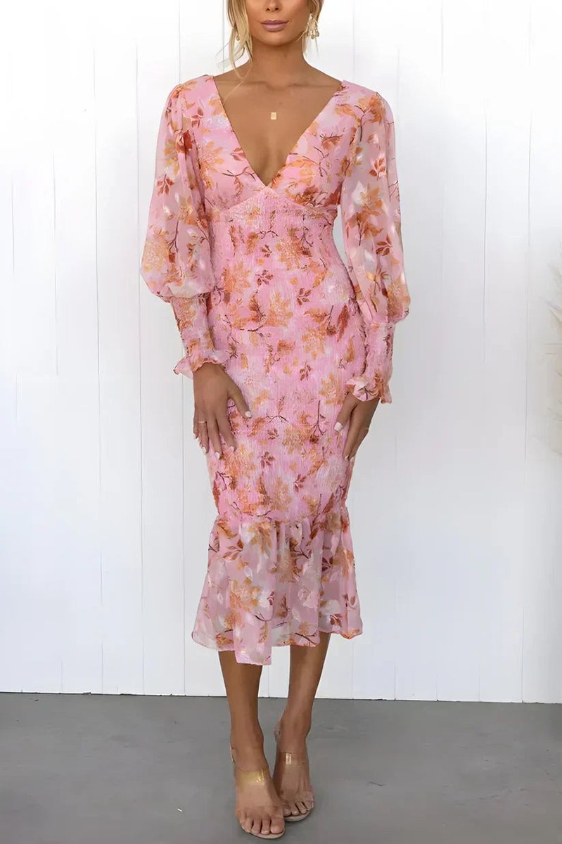 Women's Floral V-Neck Puff Sleeve Midi Formal Dress