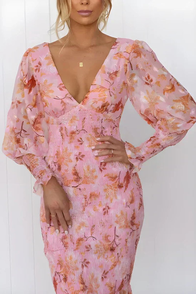 Women's Floral V-Neck Puff Sleeve Midi Formal Dress