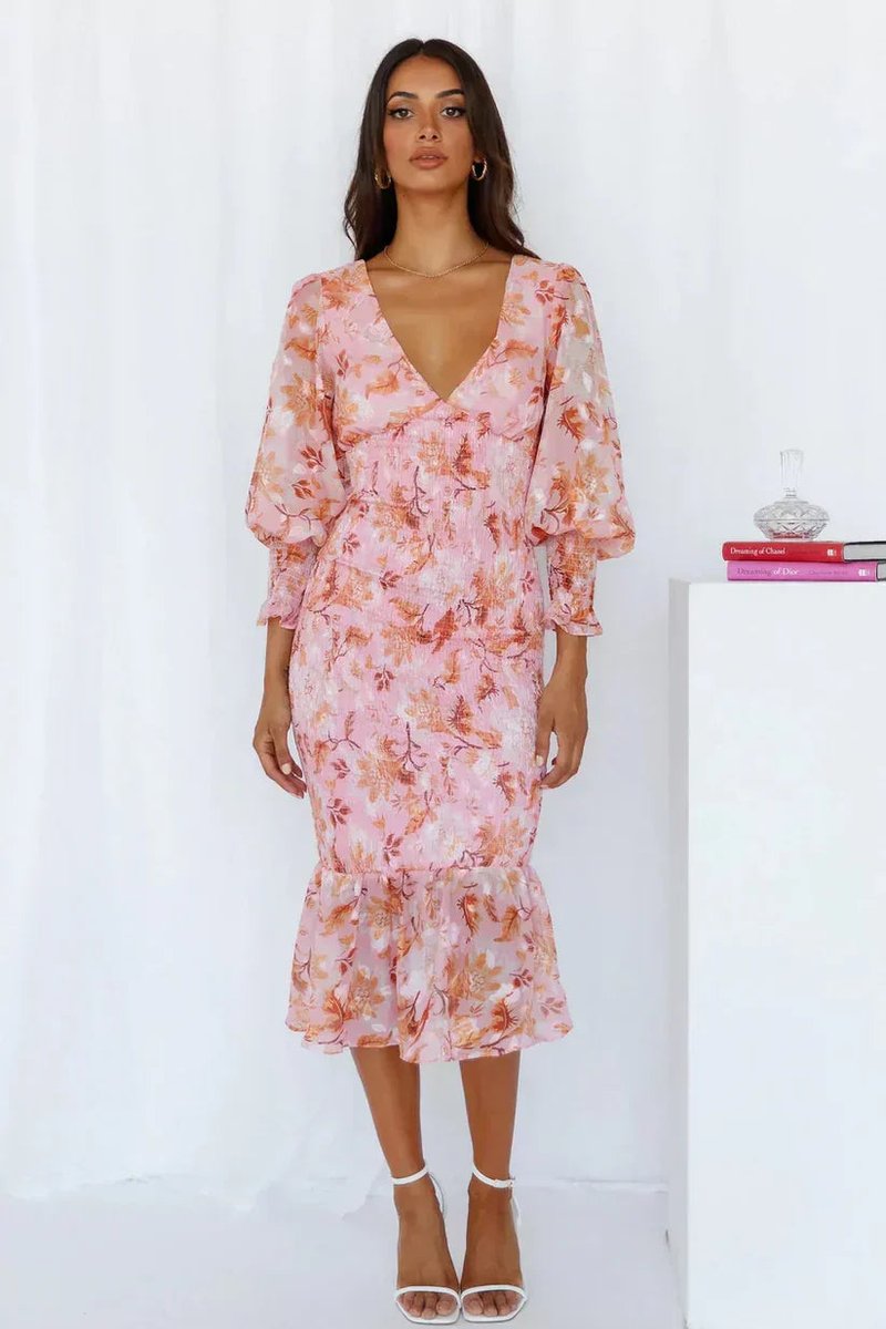 Women's Floral V-Neck Puff Sleeve Midi Formal Dress