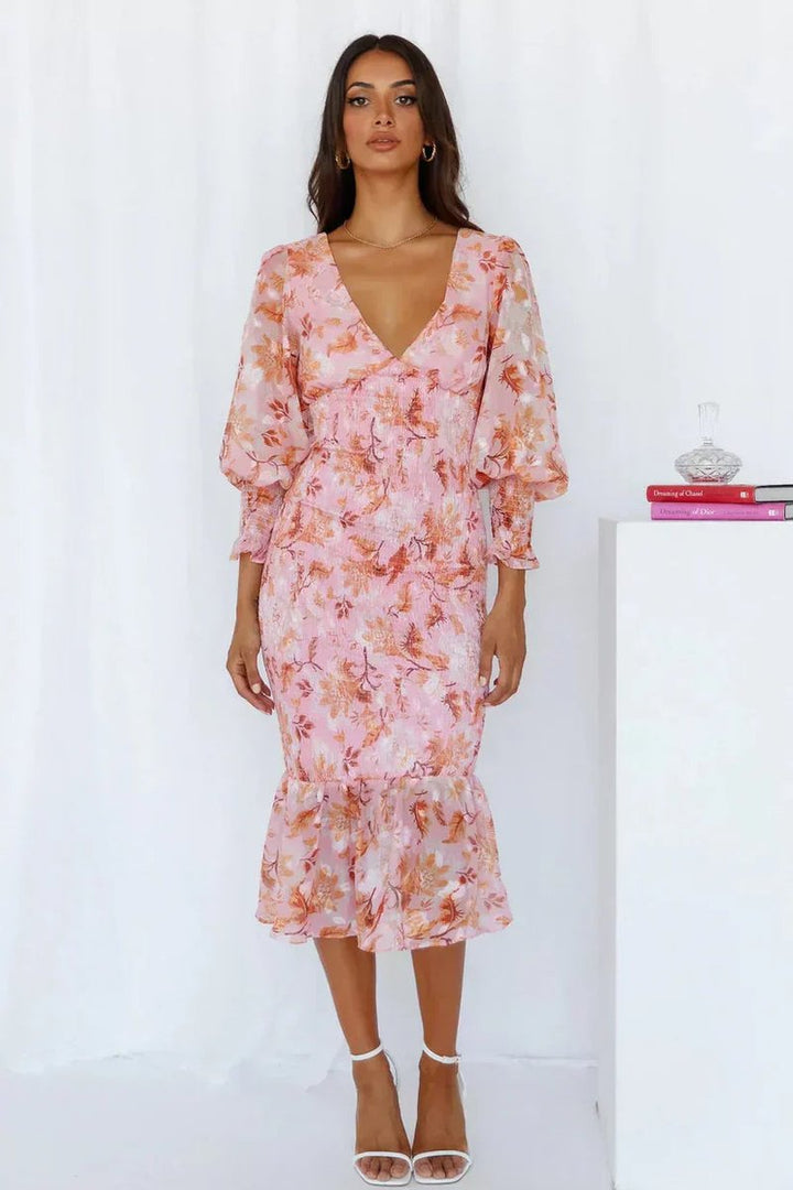 Women's Floral V-Neck Puff Sleeve Midi Formal Dress