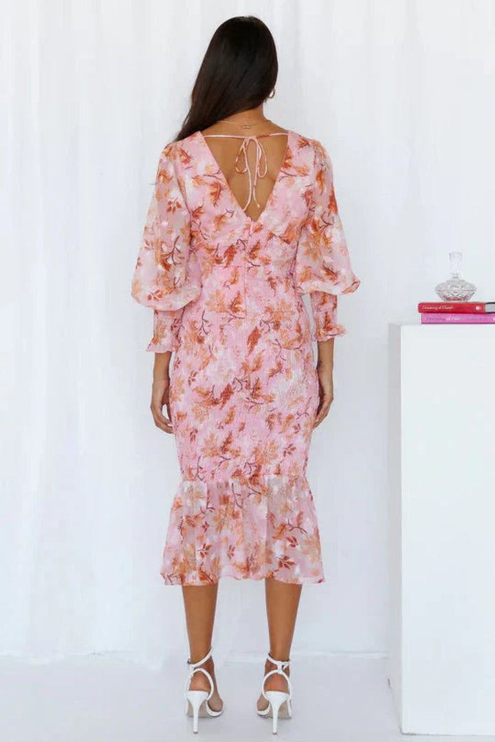 Women's Floral V-Neck Puff Sleeve Midi Formal Dress