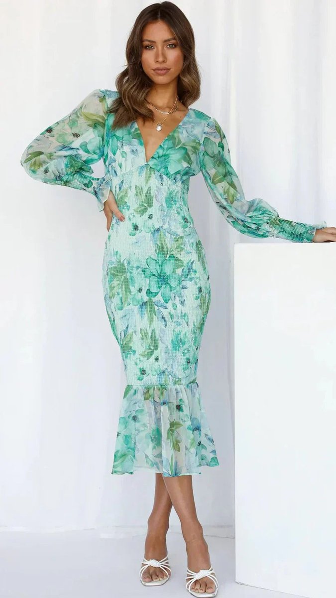 Women's Floral V-Neck Puff Sleeve Midi Formal Dress