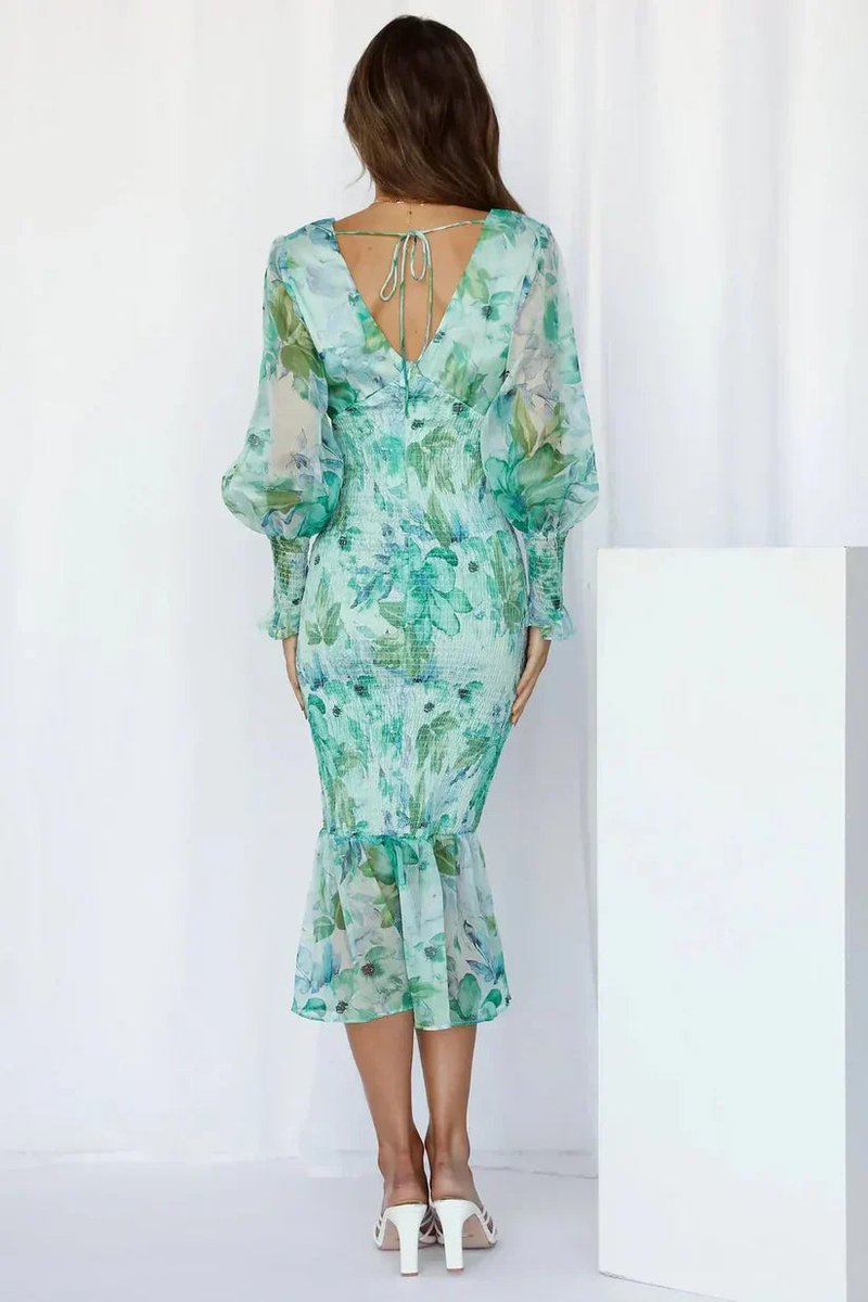 Women's Floral V-Neck Puff Sleeve Midi Formal Dress