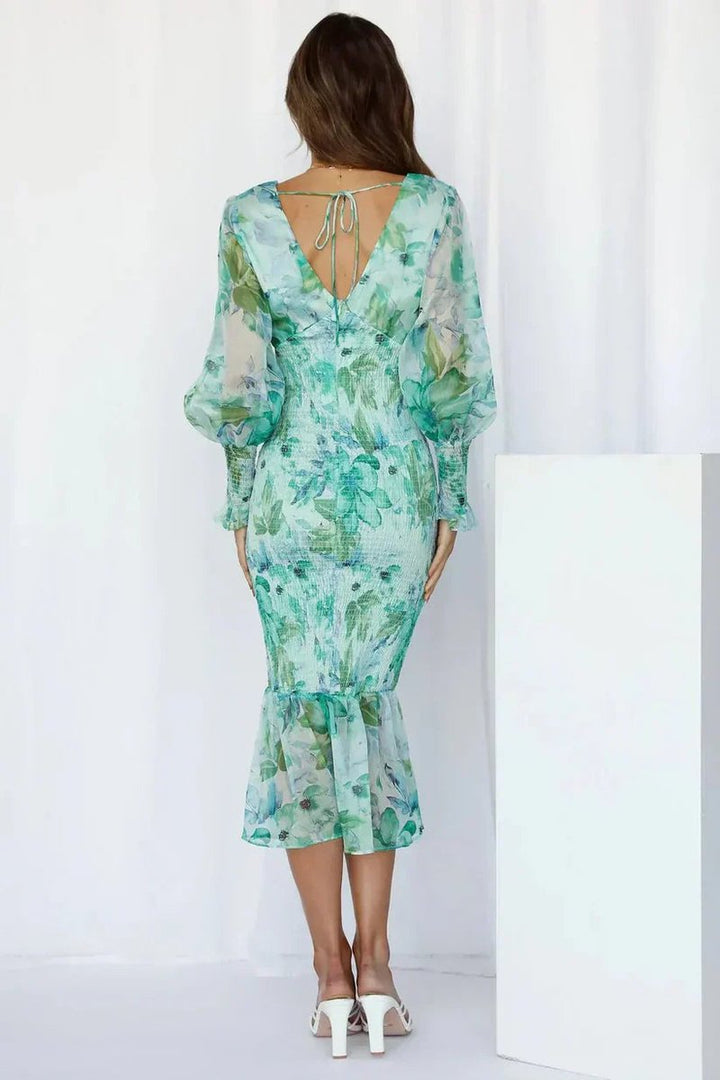 Women's Floral V-Neck Puff Sleeve Midi Formal Dress