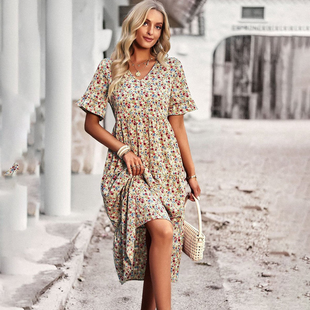 Women's Floral V-Neck Ruffle Sleeve Fall Midi Dress