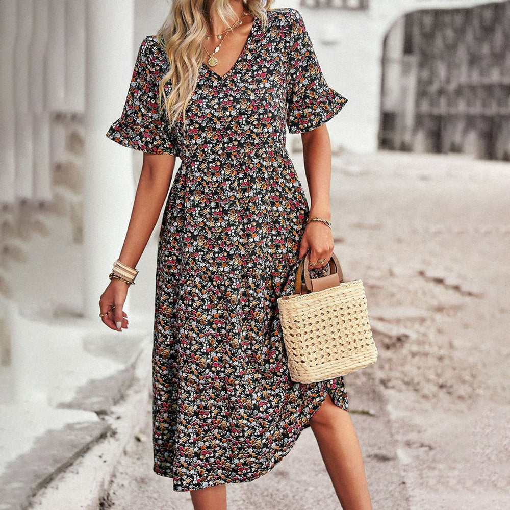 Women's Floral V-Neck Ruffle Sleeve Fall Midi Dress