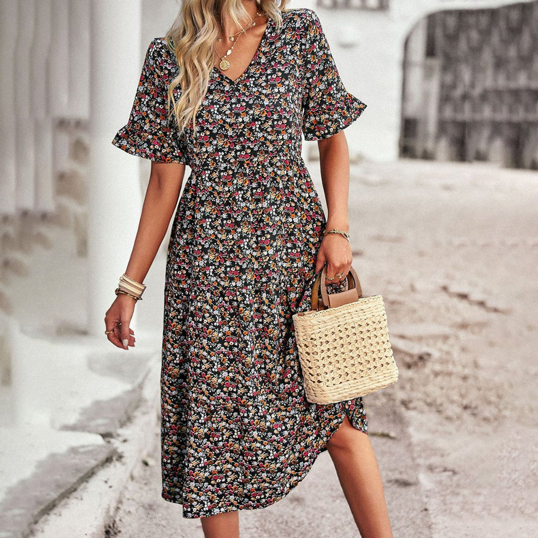 Women's Floral V-Neck Ruffle Sleeve Fall Midi Dress