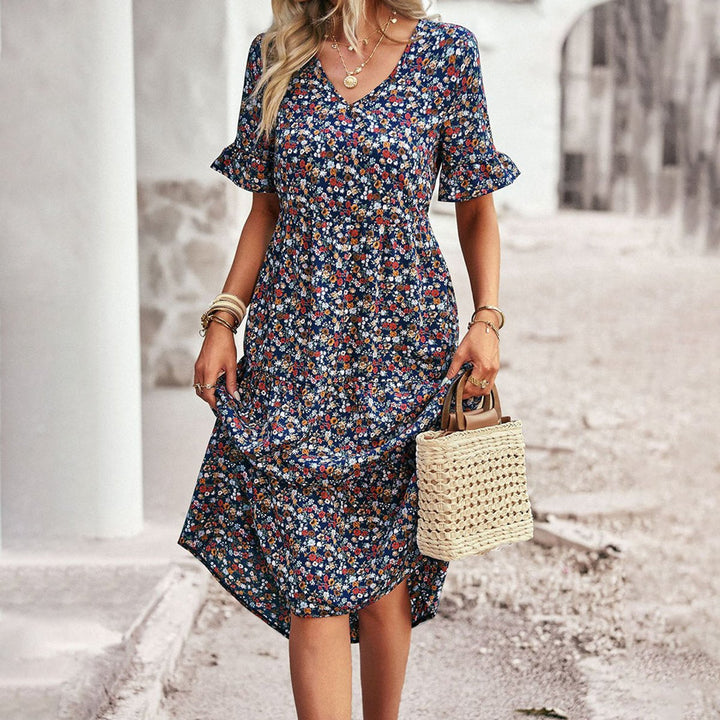 Women's Floral V-Neck Ruffle Sleeve Fall Midi Dress