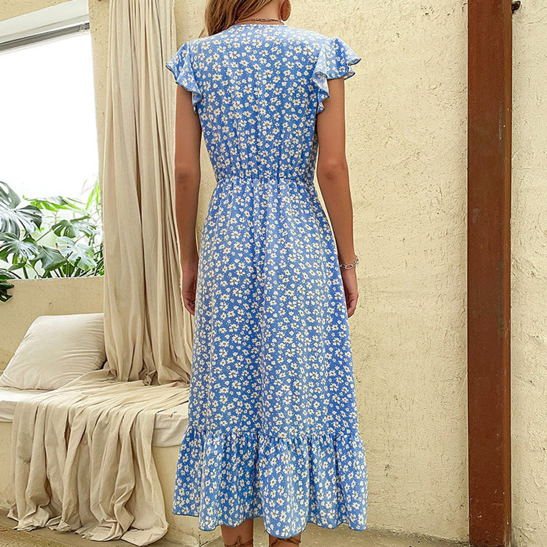 Women's Floral V-Neck Ruffle-Sleeve Fall Midi Dress