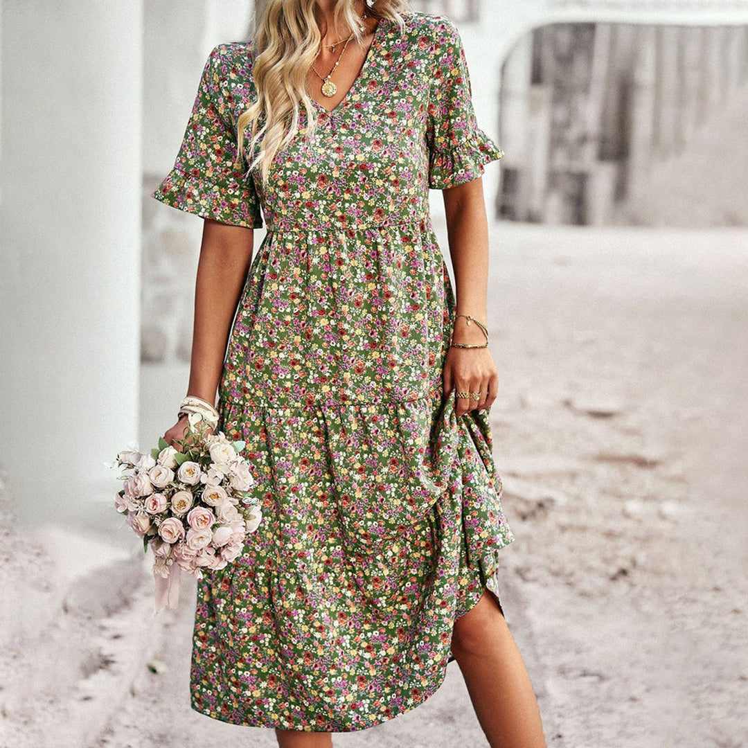 Women's Floral V-Neck Ruffle Sleeve Fall Midi Dress