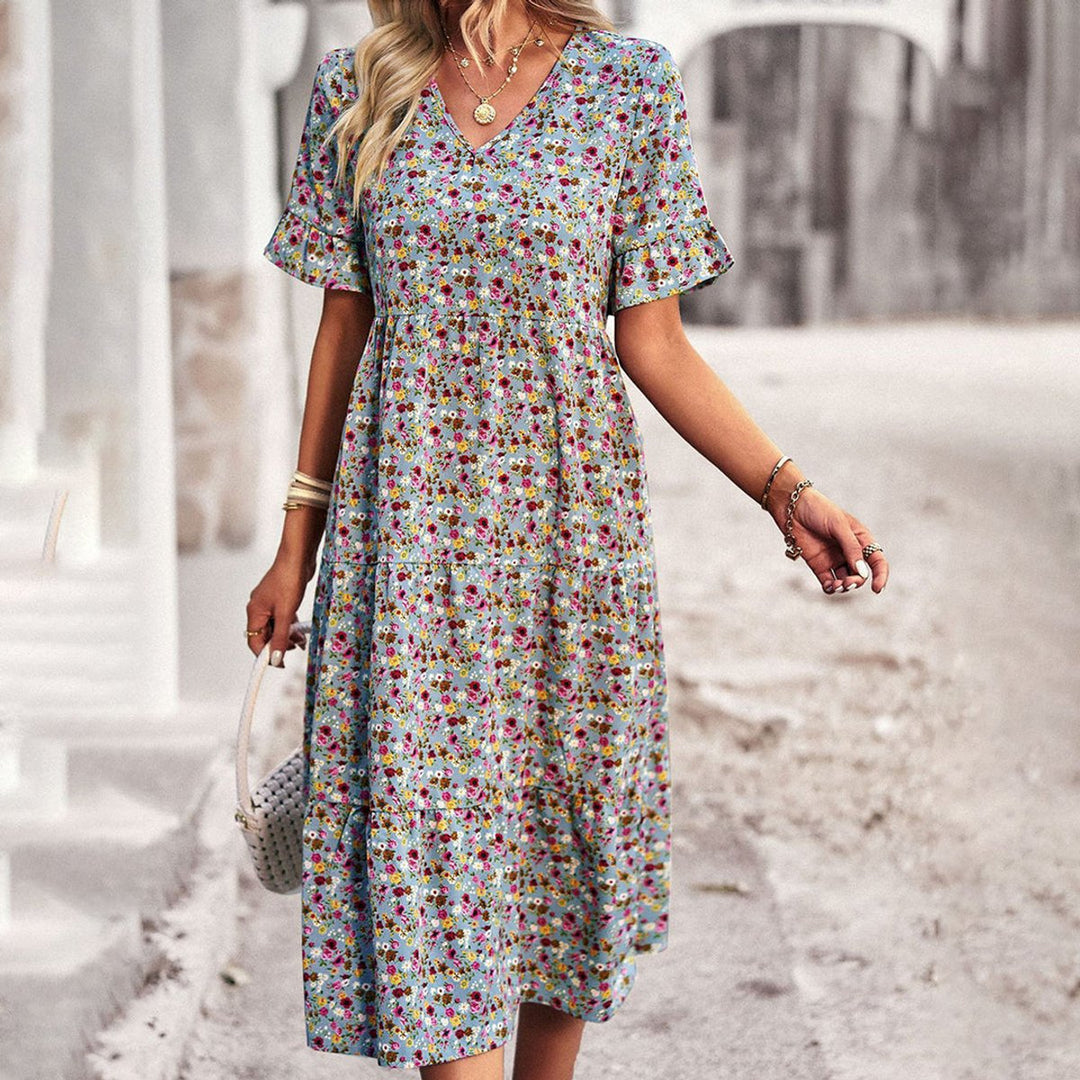 Women's Floral V-Neck Ruffle Sleeve Fall Midi Dress