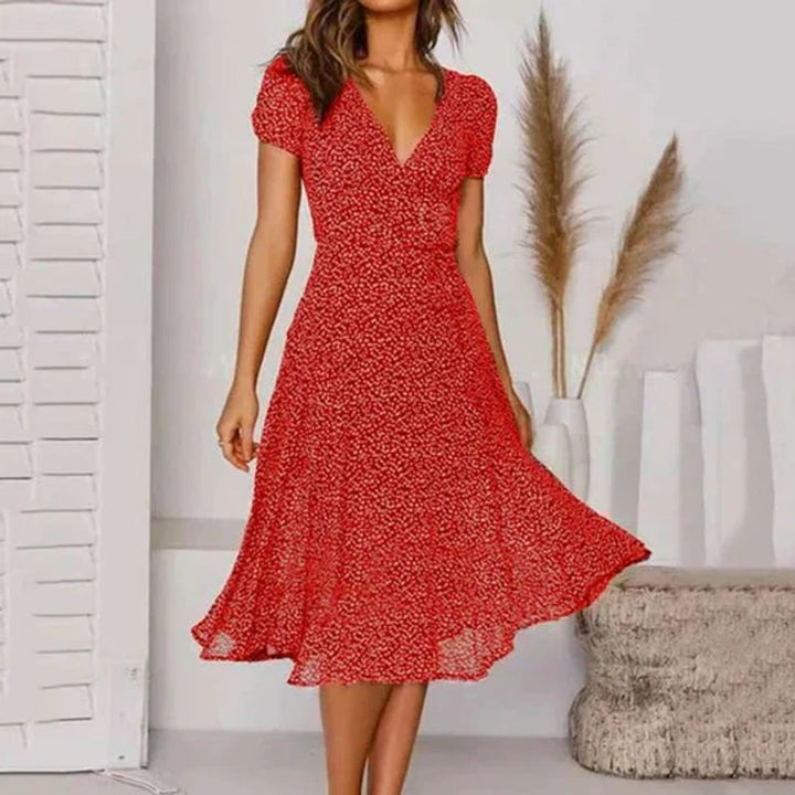 Women's Floral V-Neck Short Sleeve Fall Midi Dress