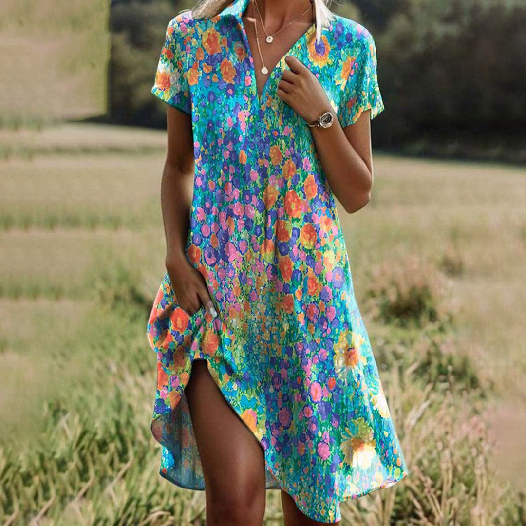 Women's Floral V-Neck Short Sleeve Fall Midi Dress
